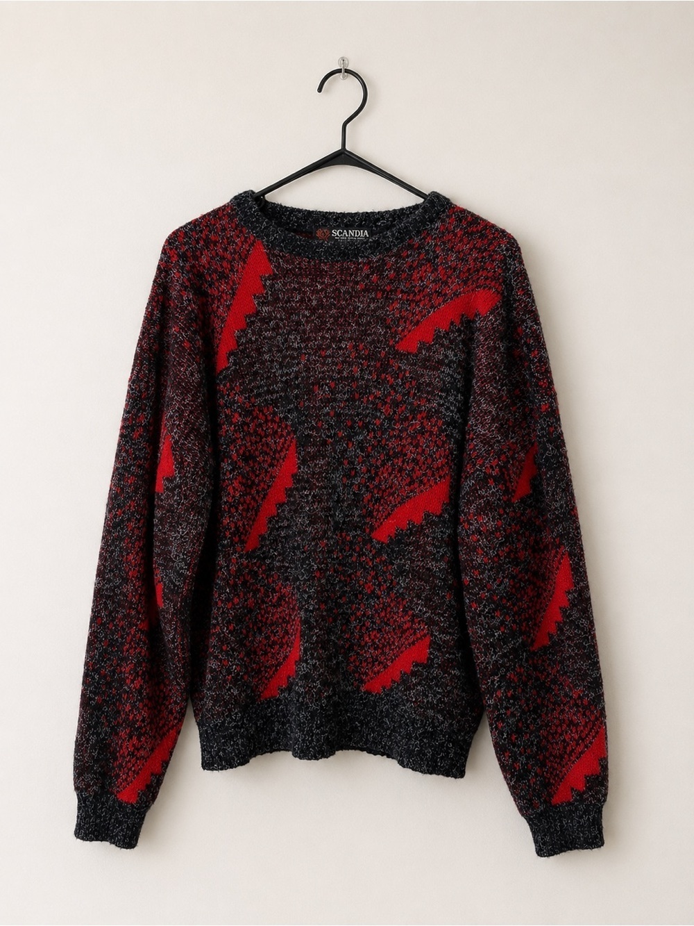 Vintage Scandia Made in USA Red & Black Geometric Knit Sweater XL Nordic